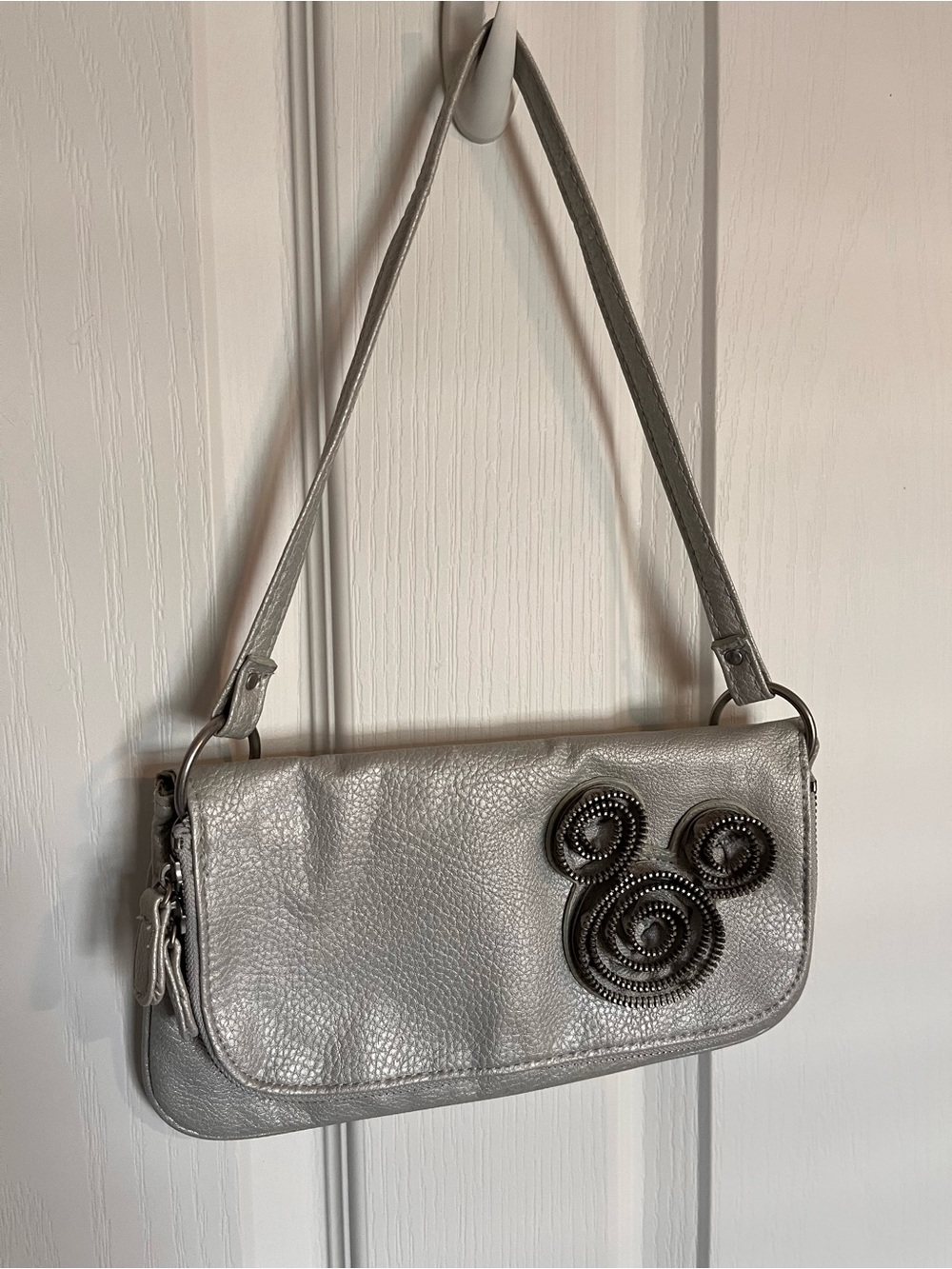 Disney Mickey Mouse Silver Zipper Accent Shoulder Bag Faux Leather Purse